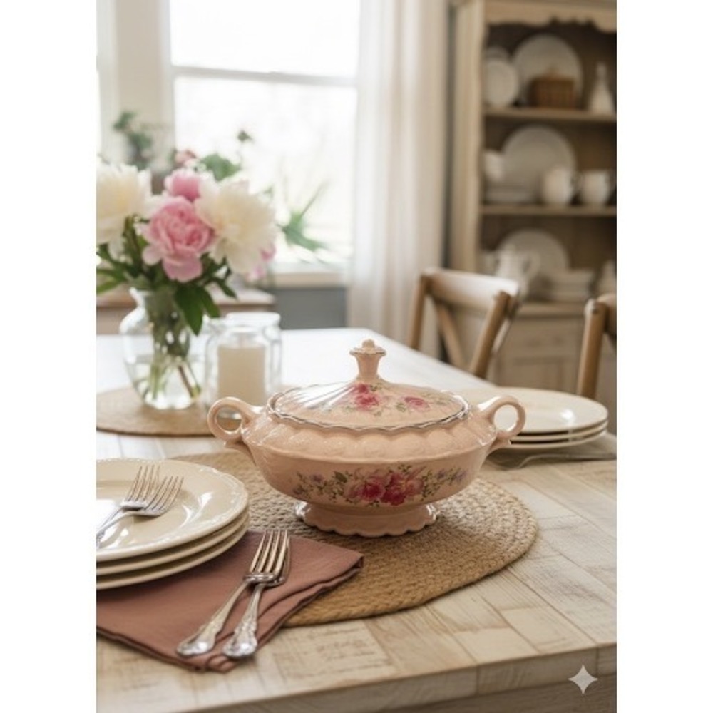 Vintage Pink‎ Floral Ceramic Soup Tureen with Lid Silver Trim Scalloped Edge